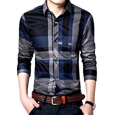 Womleys Mens Long Sleeve Slim Fit Casual Snap Buttons Plaid Dress
