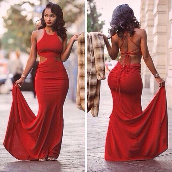 Red Plain Cut Out Cross Back Tie Back Backless Maxi Dress - Maxi