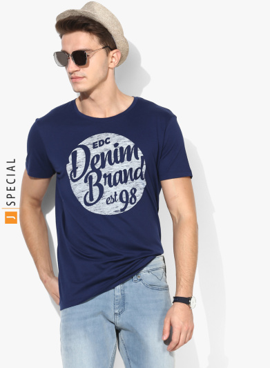 Buy ESPRIT Navy Blue Printed Regular Fit Round Neck T-Shirt Online