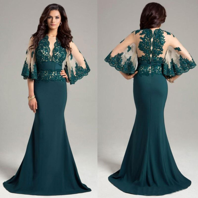 Hunter Green Dresses Evening Wear Sheer Neck Long Prom Gowns Mermaid