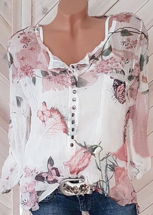 Fashionable Floral Printed Round-neck Long Sleeve Blouses u2013 iNovaDay.com