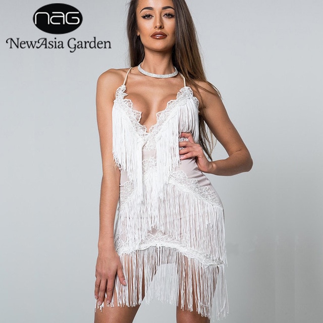 NewAsia Garden Sleeveless Backless Fringe Dress Summer Plunge V Neck