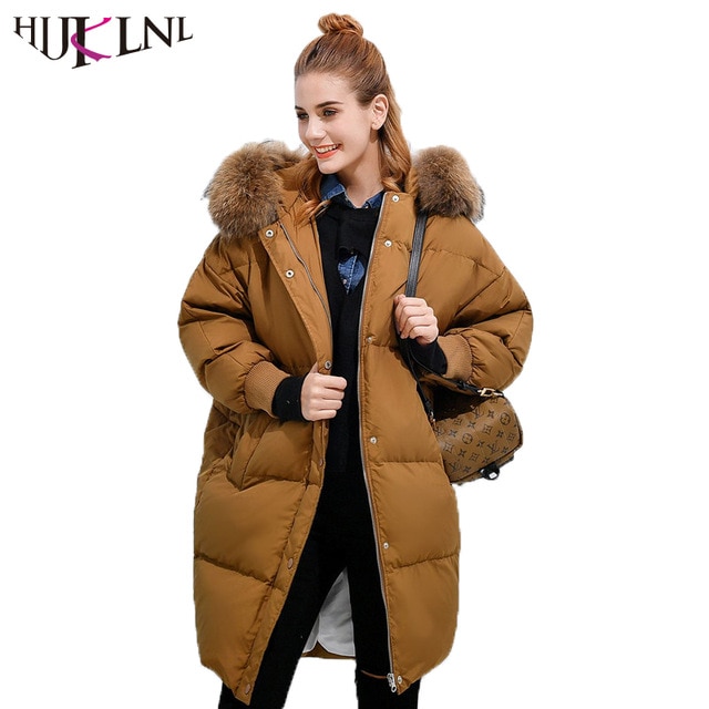 HIJKLNL Raccoon Fur Hood Long Puffer Jacket Women Winter Thick Down