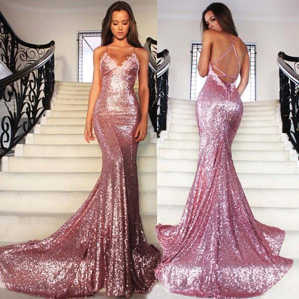 Glamorous Sequins V-Neck Prom Dresses 2019 Mermaid Spaghetti Straps