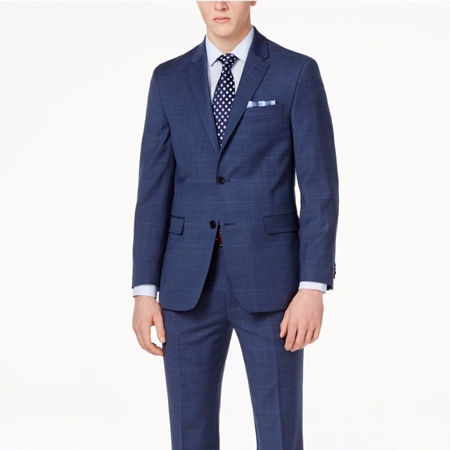 Navy Blue Glen Check Men Suit Custom Made Slim Fit Glen Plaid Two