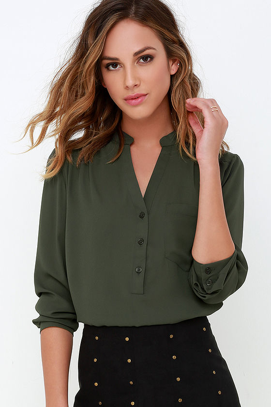 Cute Olive Green Top - Long Sleeve Top - Olive Green Blouse - $37.00