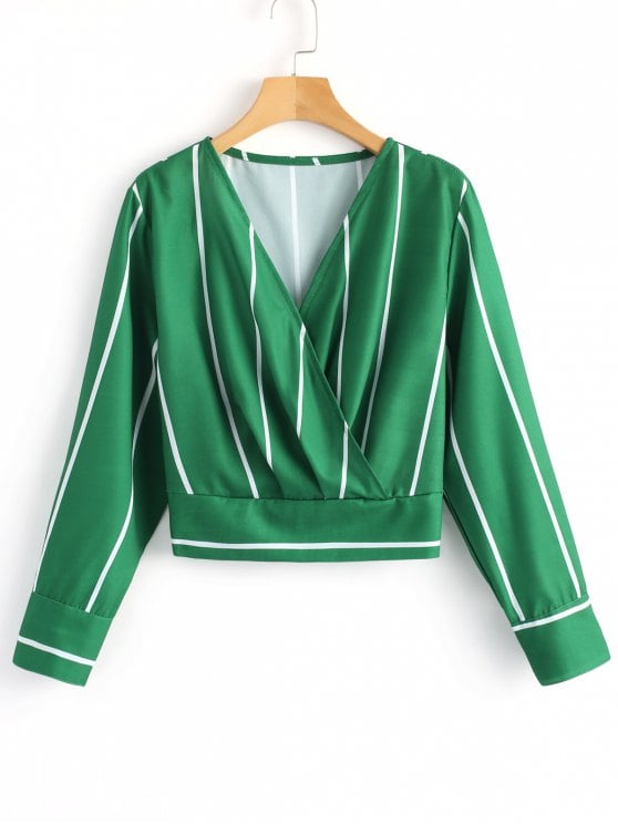 47% OFF] 2019 Crossed Front Stripes Blouse In GREEN M | ZAFUL