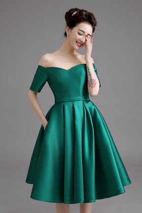 Customized Size Off Shoulder Cocktail Dress With Short Sleeves Green