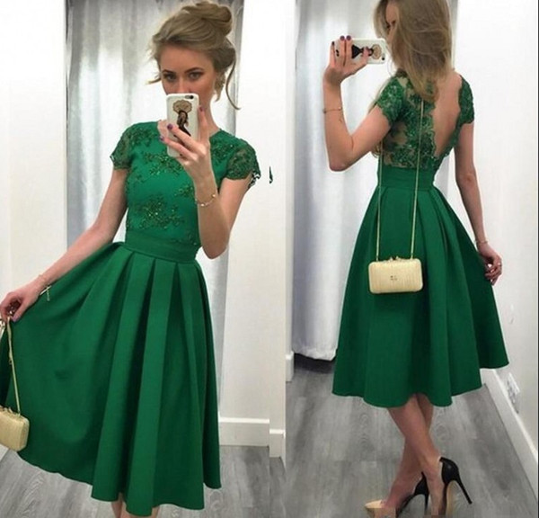 Emerald Green Short Homecoming Dresses With Cap Sleeve A Line Satin