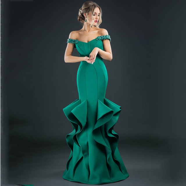 Design Beaded Green Evening Dresses Long Mermiad Emerald Formal