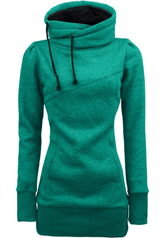Green Plain Drawstring Pockets Cowl Neck Plus Size Hooded Pullover
