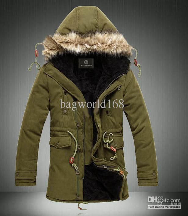 Army Green Men's Jacket Coats Hooded Faux Fur Collar Coat Thickening