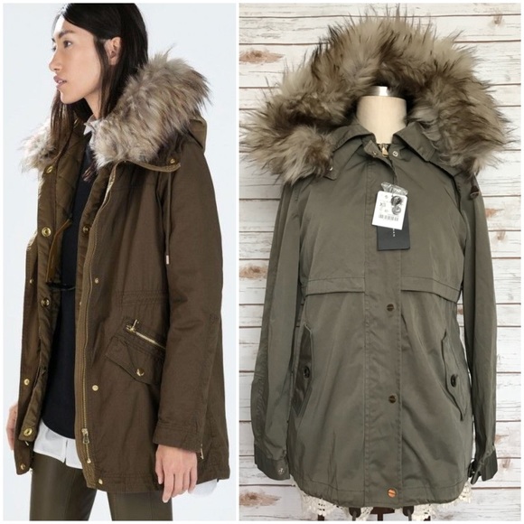 Zara Jackets & Coats | Olive Green Parka Faux Fur Hooded Coat Nwt