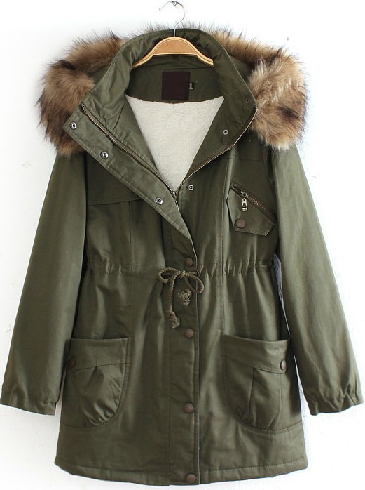 Army Green Detachable Fur Trimmed Hood Lined Parka -SHEIN(SHEINSIDE)