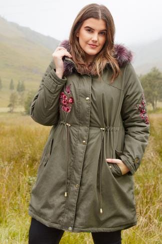 LIMITED COLLECTION Khaki Green Embroidered Parka, Plus size 16 to 36