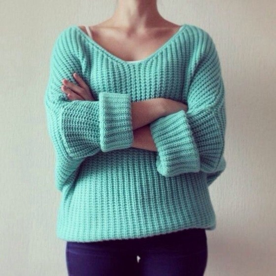 Light Green Plain Hollow-out V-neck Long Sleeve Pullover Sweater