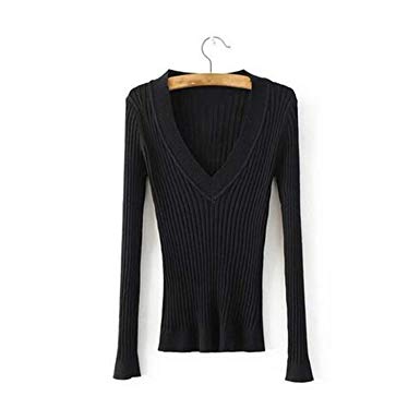 Deep V Forest Green Pullovers Women Knitted Sweater Elastic Jumper