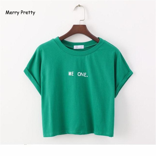 MERRY PRETTY New Fashion Cute Short Sleeve T Shirt Letter Print Crop