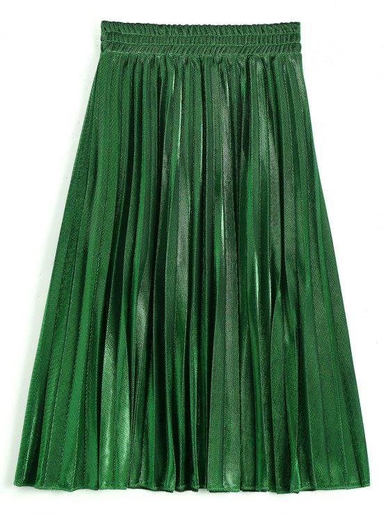 32% OFF] 2019 Metallic Color Shiny Midi Pleated Skirt In DEEP GREEN