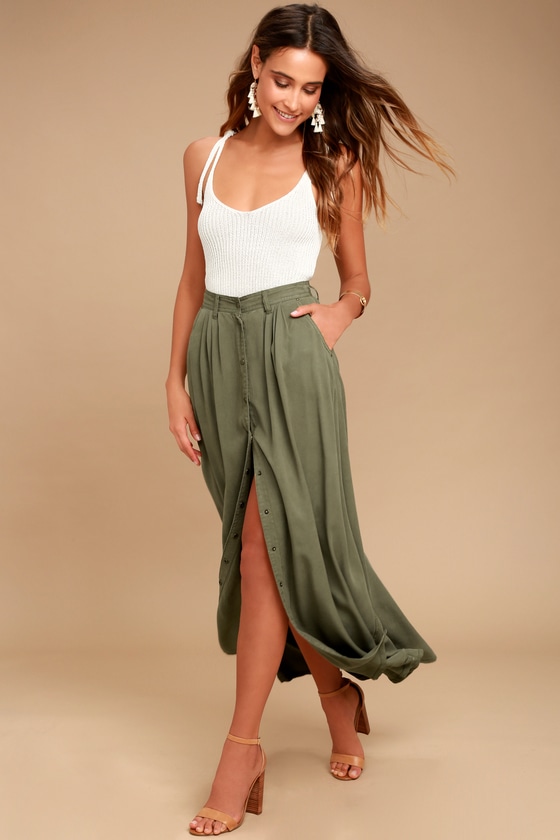 Cute Olive Green Skirt - Maxi Skirt - Button-Up Skirt