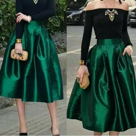 Dark Green Midi Skirts For Women High Waisted Ruched Satin Prom