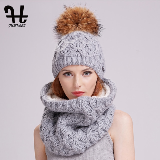 Furtalk winter women knitted hat and scarf set raccoon fur pom pom