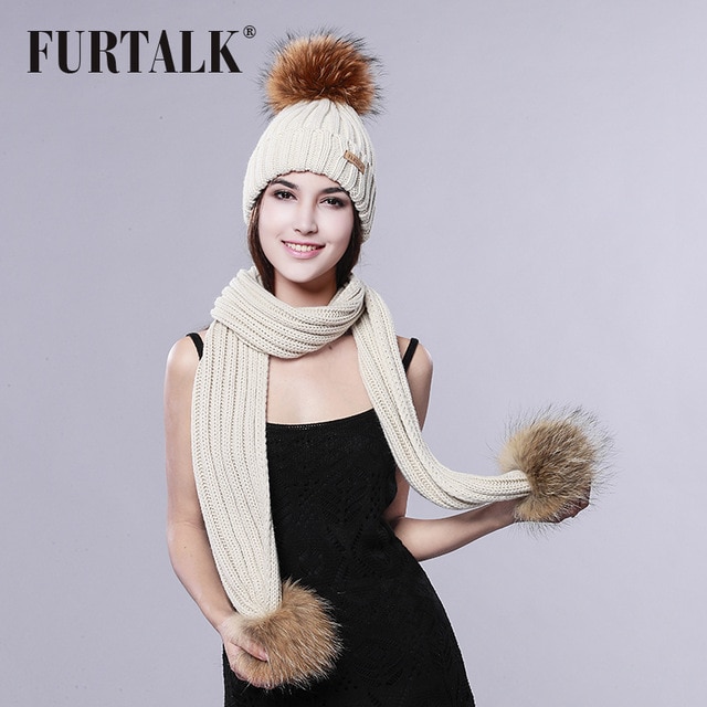 FURTALK Pom Pom Hat and Scarf Women Winter Long Knit Fur Scarf Hat