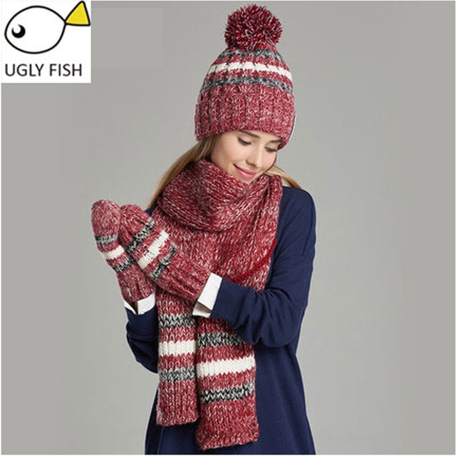 woman winter hat and gloves sets cotton fashion women hat scarf