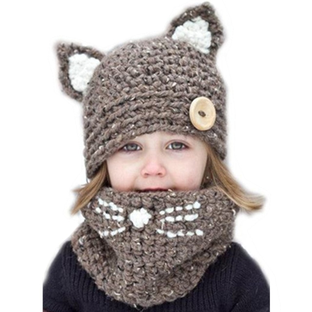 Winter Warm Thick Knit Beanie Hats Scarves Set Children 2017 Cute