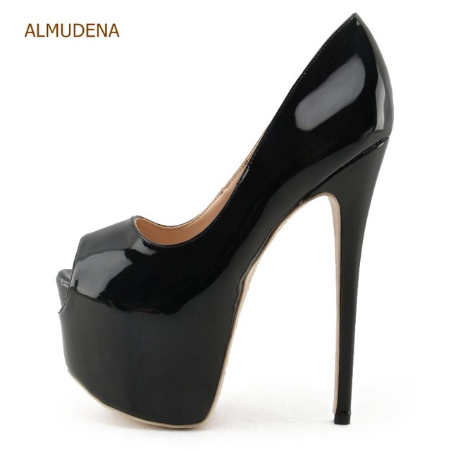 ALMUDENA Fantastic Nude Black Patent Leather Ultra High Heel Shoes