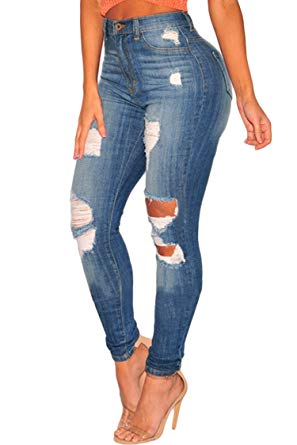 Sidefeel Women Hight Waist Ripped Denim Ankle Length Skinny Jeans at