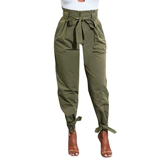 LANDFOX Womens Belted High Waist Trousers Ladies Party Casual Pants