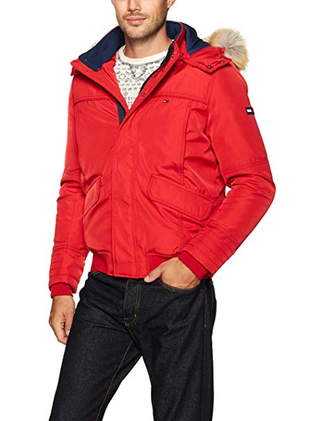 Tommy Hilfiger Denim Men's Winter Jacket with Faux Fur Hood, Salsa