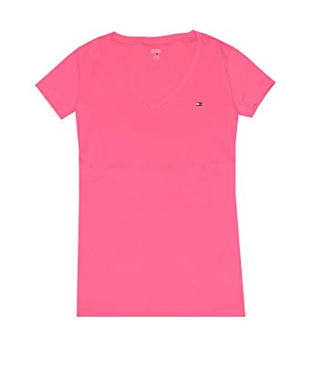 Tommy Hilfiger Slim Fit V-neck Women Logo T-shirt (L, Rose pink) at