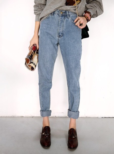 jeans, high waisted jeans, light blue, hipster, mom jeans, shoes