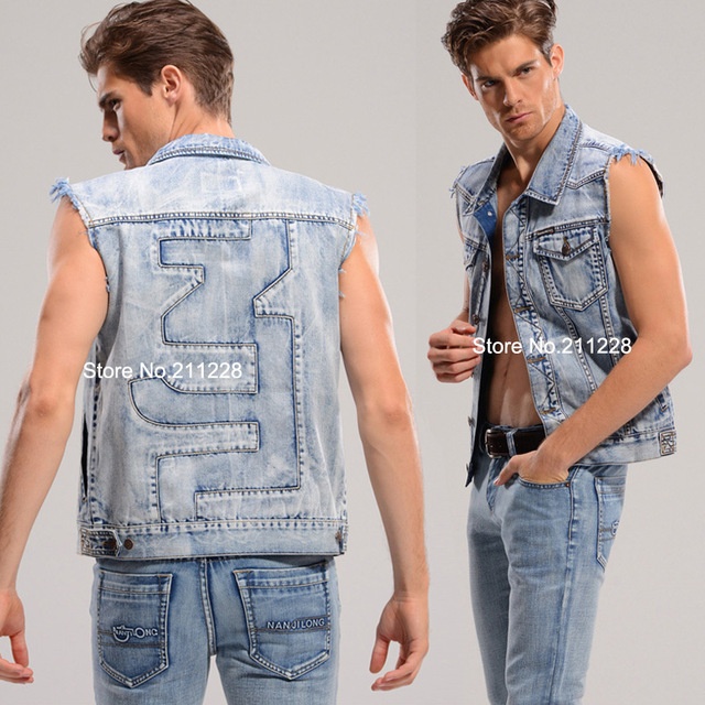 2015 XXXL spring summer male blue denim vest casual sleeveless jean