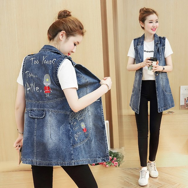 2018 Spring Autumn Women Jean Vests Embroidery Letter Plus Size 4XL