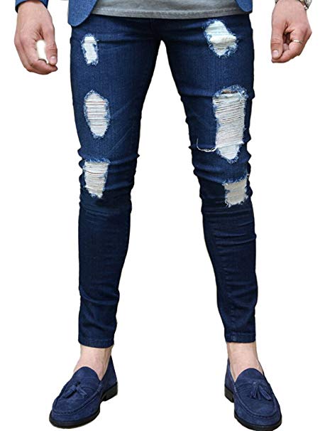 Men Ripped Stretchy Denim Blue Jeans Skinny Pencil Pants Ankle