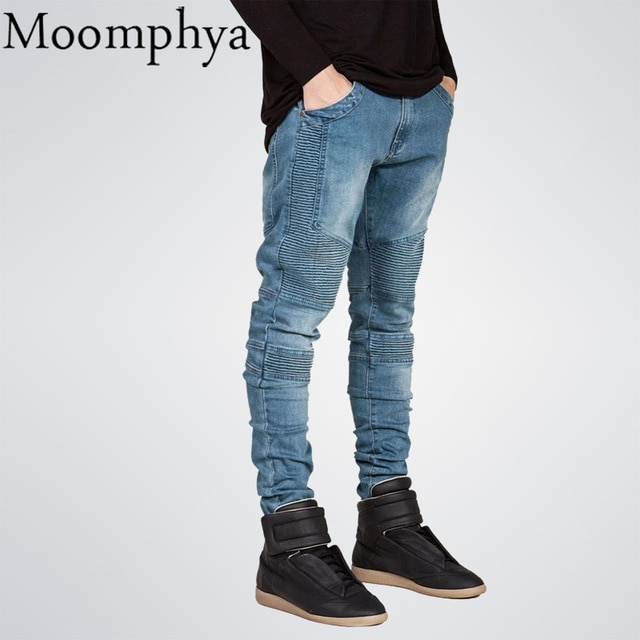 Moomphya Mens Skinny jeans men Runway Distressed slim elastic jeans