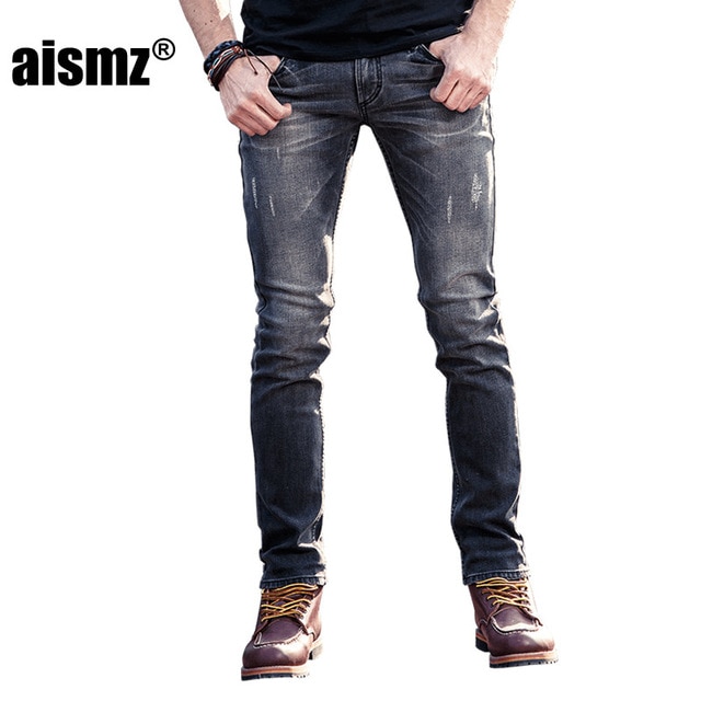 Aismz Fashion Men's Jeans Stretch Gray Denim Men Slim Fit Jeans Size