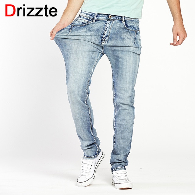 Drizzte Brand Mens Jeans Trendy Stretch Blue Grey Denim Men Slim Fit