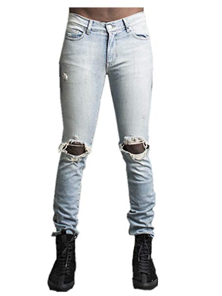 Men's Classic Distressed Skinny Leg Fit Ripped Jeans with Torn Rips