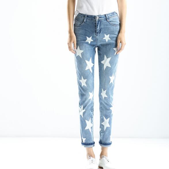 women jeans Light blue star pattern Straight Fitness Zipper Fly -in