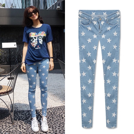 2015 New Woman Skinny Jeans Pants Vintage Sexy Stars Print Casual