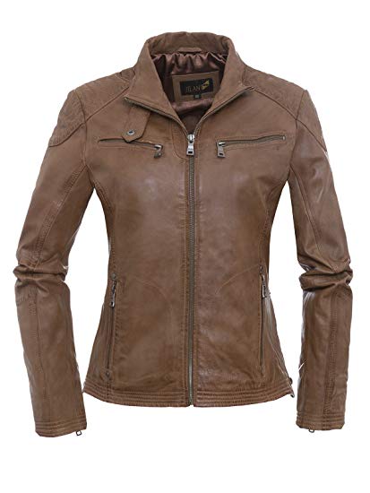 Jilani Women's Leather Jacket brown brown - brown - UK 18: Amazon.co