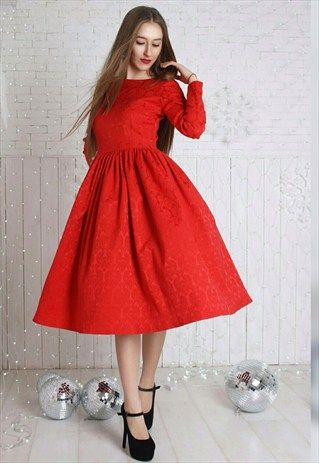 RED TEA LENGTH KNEE LENGTH MIDI LONG SLEEVED DIRNDL DRESS | dresses