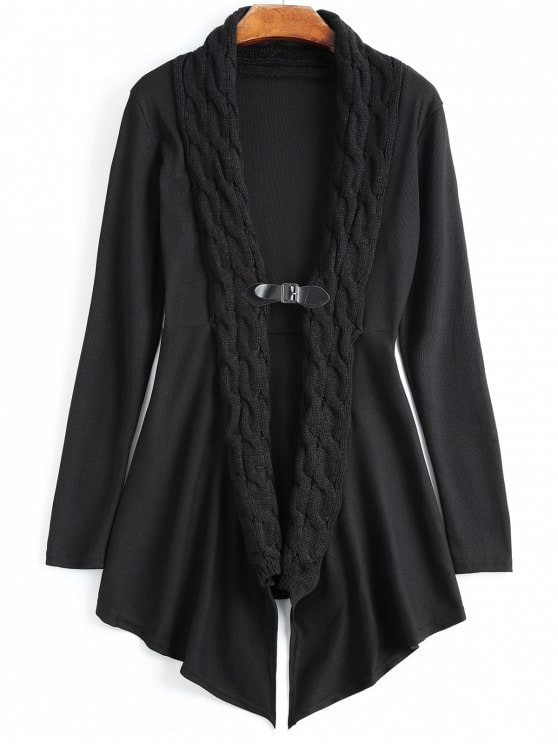 36% OFF] 2019 Cable Knit Asymmetric Shawl Cardigan In BLACK M | ZAFUL