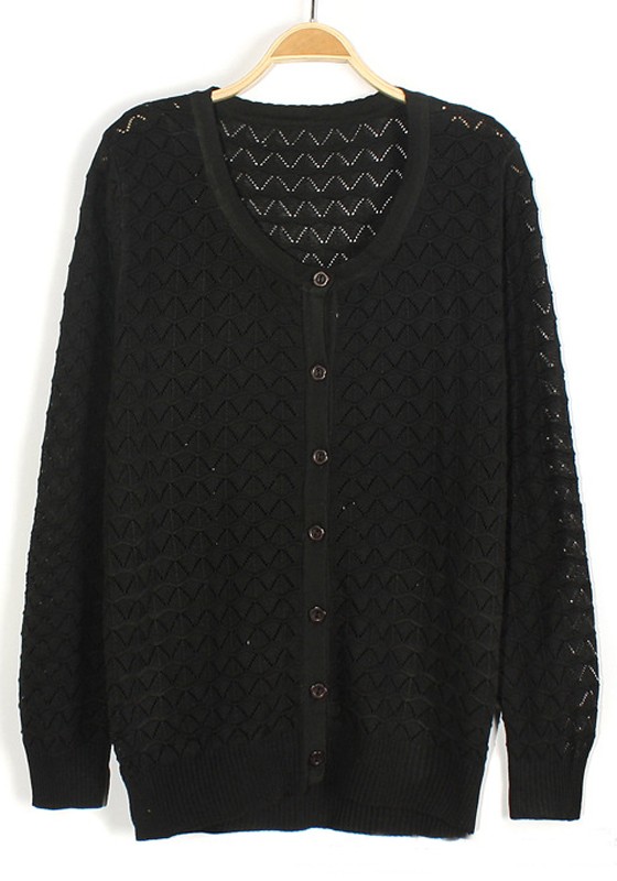 Black Geometric Hollow-out Long Sleeve Knit Cardigan - Cardigans