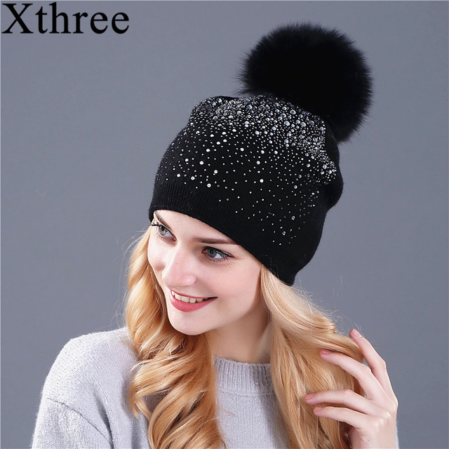 Xthree] women winter beanie hat Rabbit fur wool knitted hat the