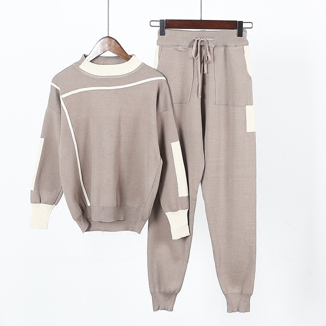 Amolapha Women Knitted Sweaters Pants 2PCS Track Suits Woman Casual